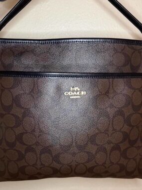COACH Brown Signature Canvas Messenger Bag with Gold Logo